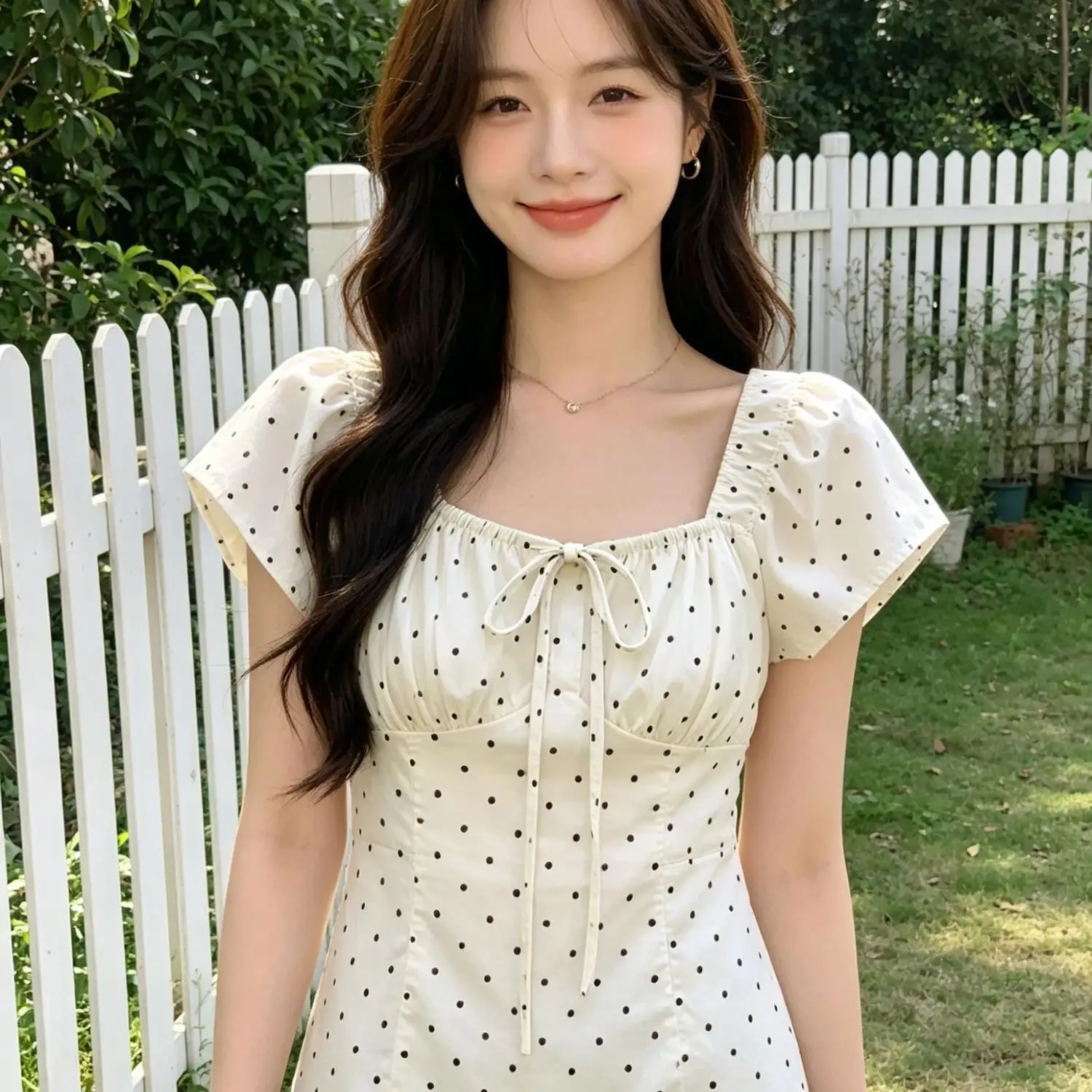 Sweet Style Square Collar Bubble Sleeve Polka Dot Women's Shirt Slimming  Knot Belt Summer New Style Slimming Shirt