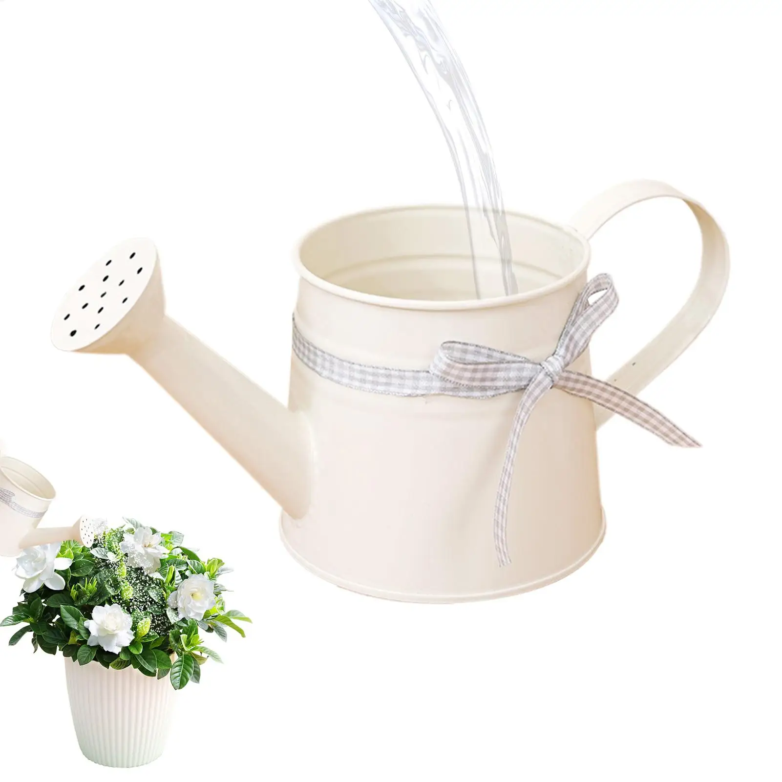 Watering Can Small 1L Water Pot with Sprinkler Head Gingham Ribbon Modern Plant Watering Cans for Home Office Balcony Garden