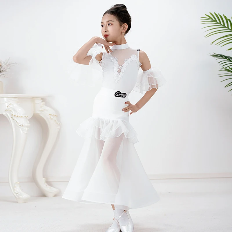 Ballsaal-Tanzkleid für Mädchen, Standard- und modernes Tanzkleid für Kinder, weißer ärmelloser Tanzanzug, Walzer-Übungsrock VDL5538