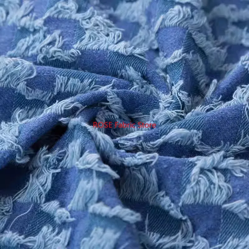 厚さ1メートルのタッセル付きコットンウォッシュド加工デニムチェック柄生地、DIY縫製ブレザーバッグ帽子用生地