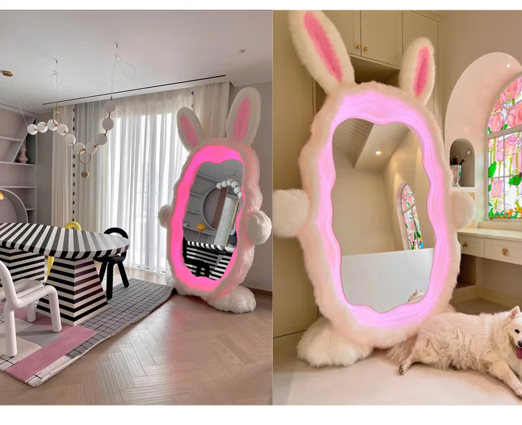 2025 living room bedroom decoration new product full body beautiful irregular standing mirror rabbit plush mirror