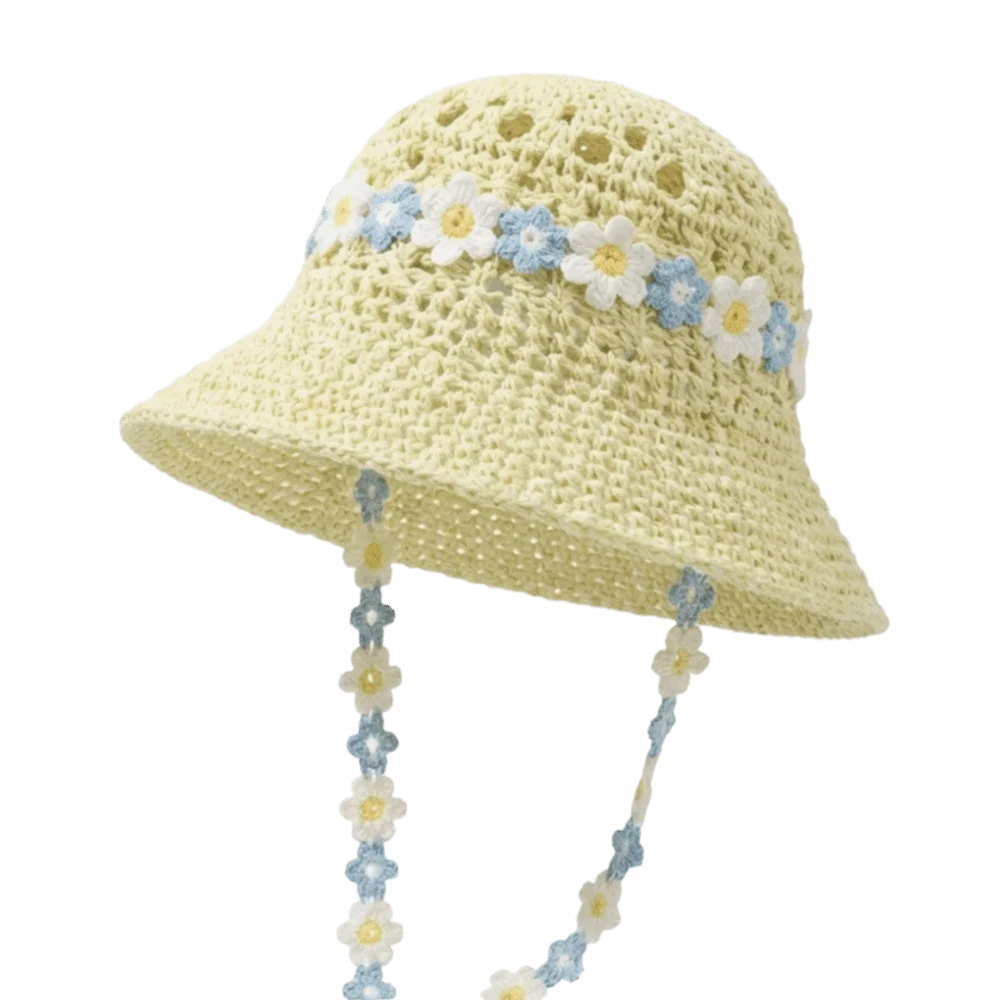 Ethnic Breathable Sun Protection Straw Hat Nylon Lightweight Sunshade Hat Hollow Out Floral Tie Fisherman's Hat Women