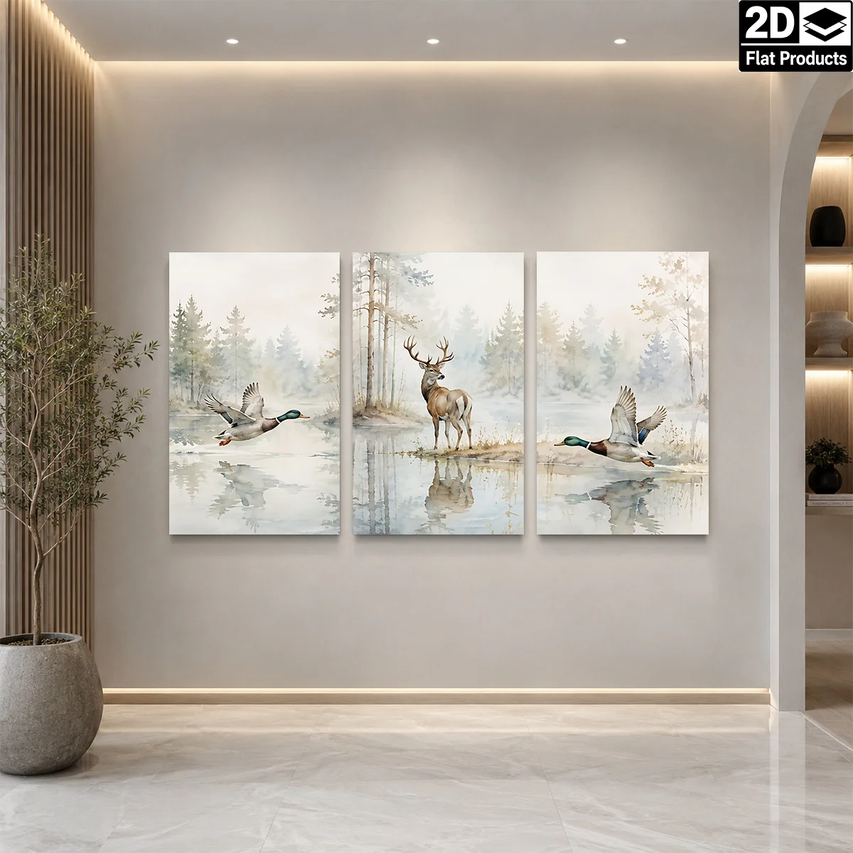 Frameless canvas 2D Flat 3PCS - Three panels with deer and ducks by a misty forest lake Themed Canvas Wall Art, Waterproof Pr