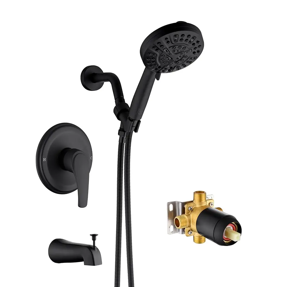 

AllexpreskTub Shower Faucet Combo, Matte Black Shower System 10 Patterns Handheld Shower Head with Tub Spout, Shower Trim Kit wi