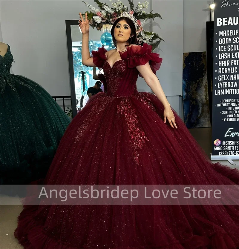 

Angelsbridep New Arrival Burgundy Ball Gown Quinceanera Dresses Beading Ruffle Bottom Birthday Party Dress Mexican