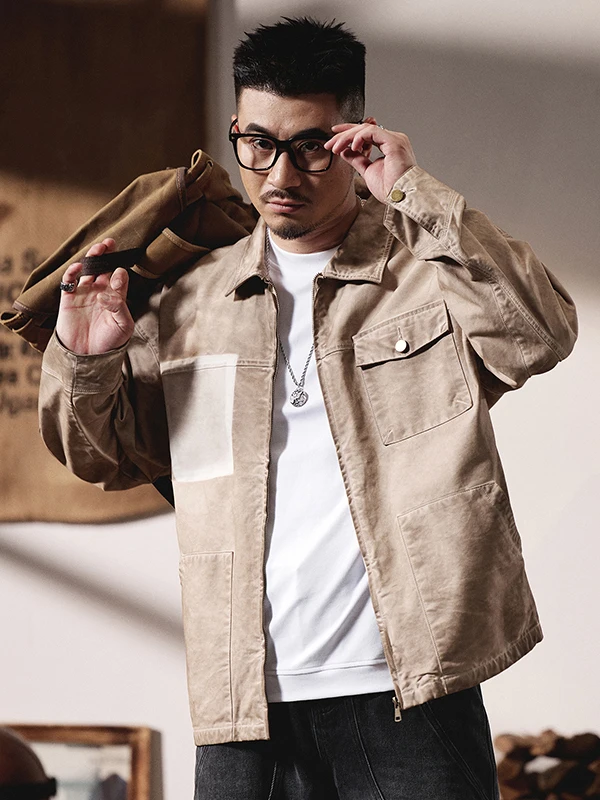 

Мужская куртка в стиле ретро американского рабочего стиля, с эффектом потертости, свободного кроя, повседневная, из хлопка, с длинными рукавами, с воротником, для молодежи, на каждый день