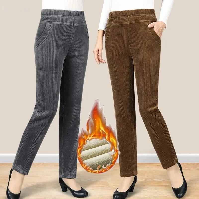 

Women Casual Snow Wear Thick Warm Trousers Office Lady High Waist Stretch Fleece Bottoms Plus Velvet Corduroy Winter Pants