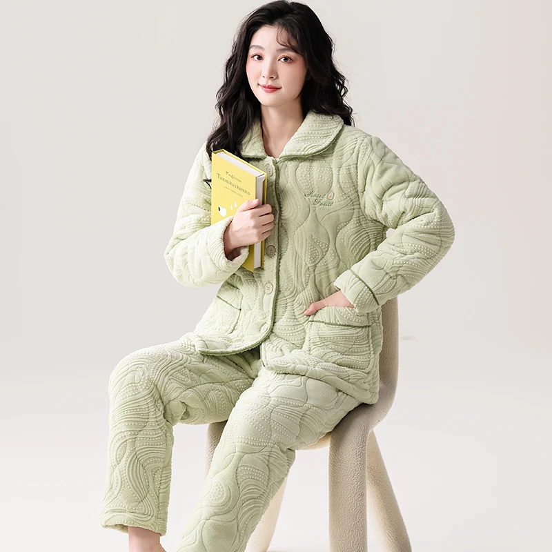 High Quality Winter Thick Warm Female Homewear Women's Clothing Three Layer Clip Cotton Sleepwear