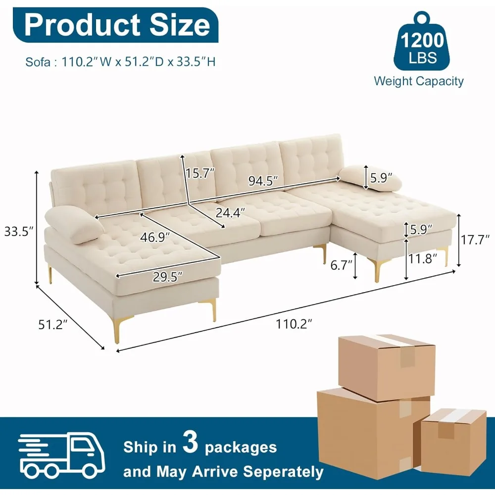 110 Inch Modern U-shaped Combination Sofa, Large Plush Button Sofa Set with 5.9-inch Thick Seat Cushion