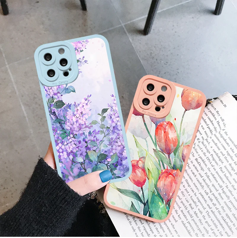 Funda de teléfono con flores y hojas Vintage para iPhone 8, 7, Plus, SE20, 12, 11, 13, 14 Pro Max, flor de tinta para iPhone X XR XS, fundas de silicona suave
