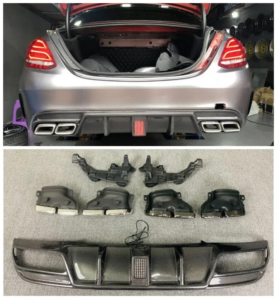 Rear Bumper Diffuser&Exhaust Tips For Mercedes Benz W205 AMG C63 Wagon/Sedan 2015-2021 Trunk Door Lip Spoiler Carbon Fiber