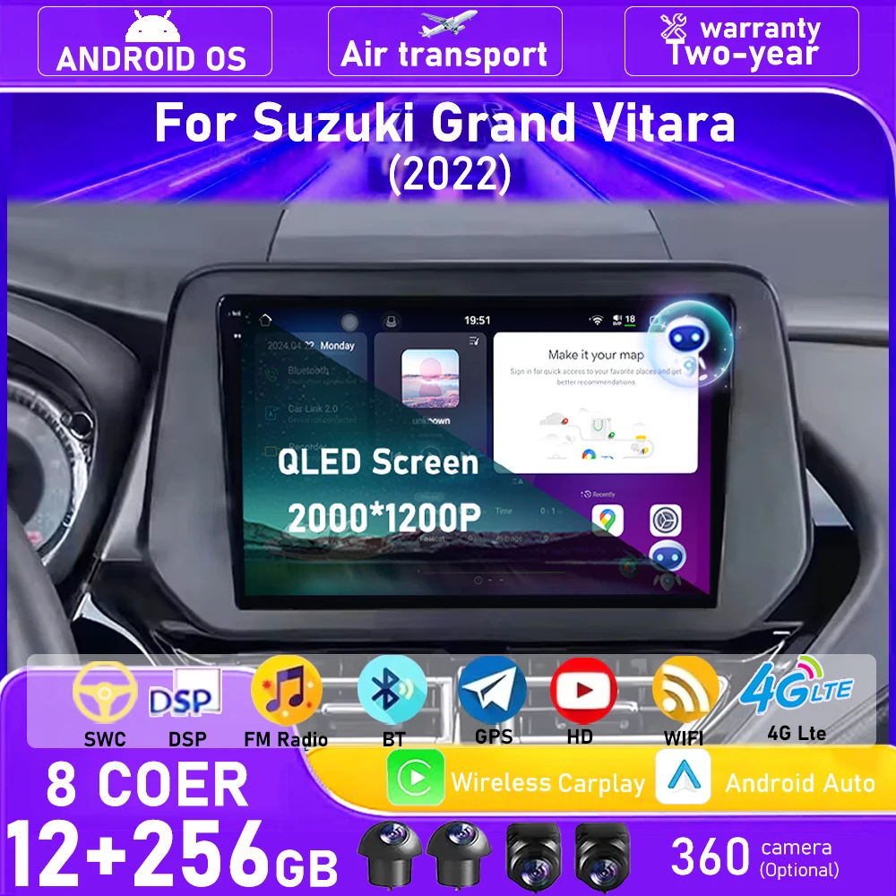 Radio Multimedia para Auto con Cámara 360, Reproductor GPS, Pantalla Táctil QLED, Navegación, Android 16, Auto Carplay, BT para Suzuki Grand Vitara 2022