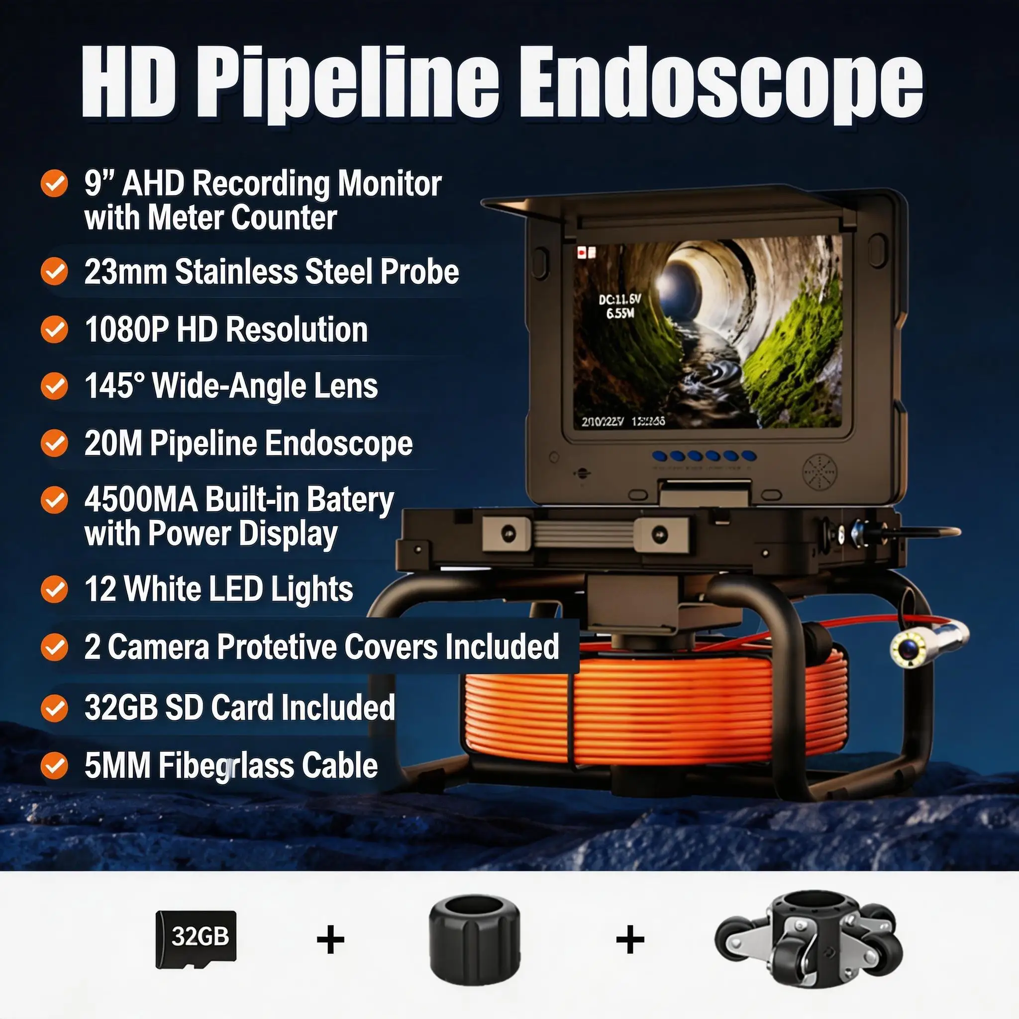 

5mm Diameter Pipe Inspection Camera IP68 Waterproof 9" DVR Video Endoscope for Drain Sewer Pipeline with Meter Counter