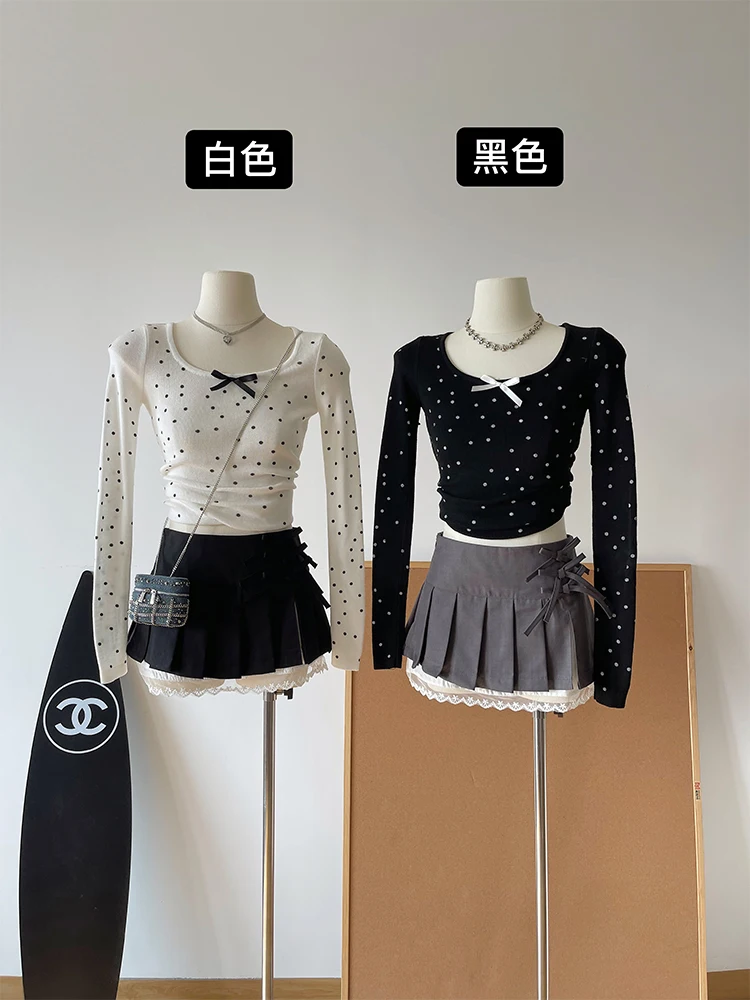 Autumn Women Korean Vintage Gyaru Long Sleeve T-Shirts O-neck Polka Dot Crop Tops Coquette Sweet Tees 2000s Aesthetic Mori Girl