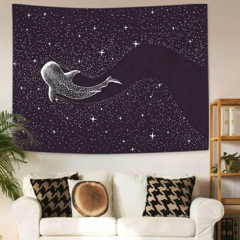 VIKAMA Starry Sky Whale Tapestry Nordic Style Bedroom Background, Calming Wall Hanging for Female Dorm Yoga Room
