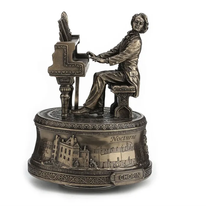Vintage Bronze Chopin Playing Piano Resin Music Box Statue Famous Pianist Composer Figurine Home Study Tabletop Decoration Gift