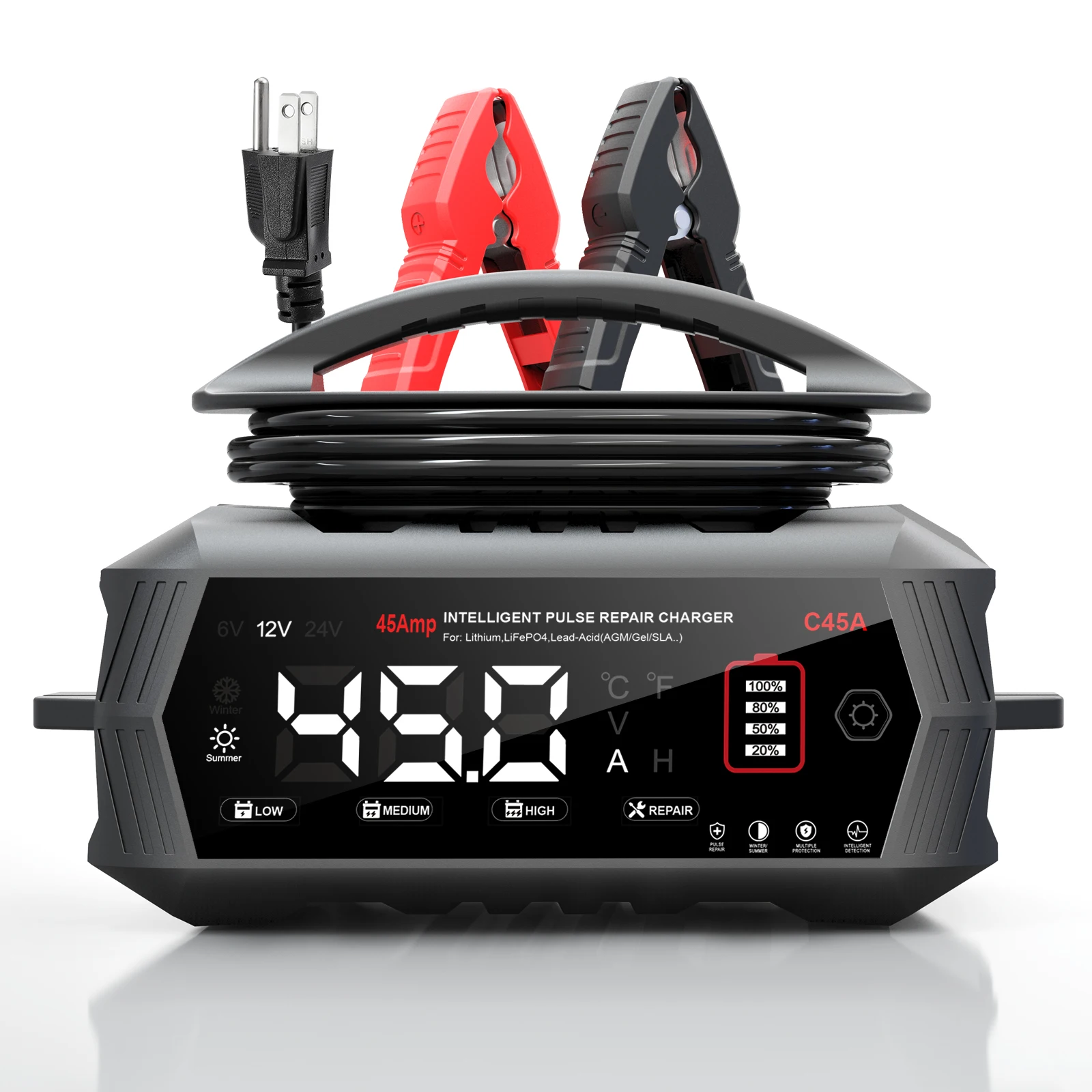 45A Smart Battery Charger for 6V/12V/24V Car Motorcycles Lifepo4 Lead Acid AGM GEL PB Lithium Car Battery Repair