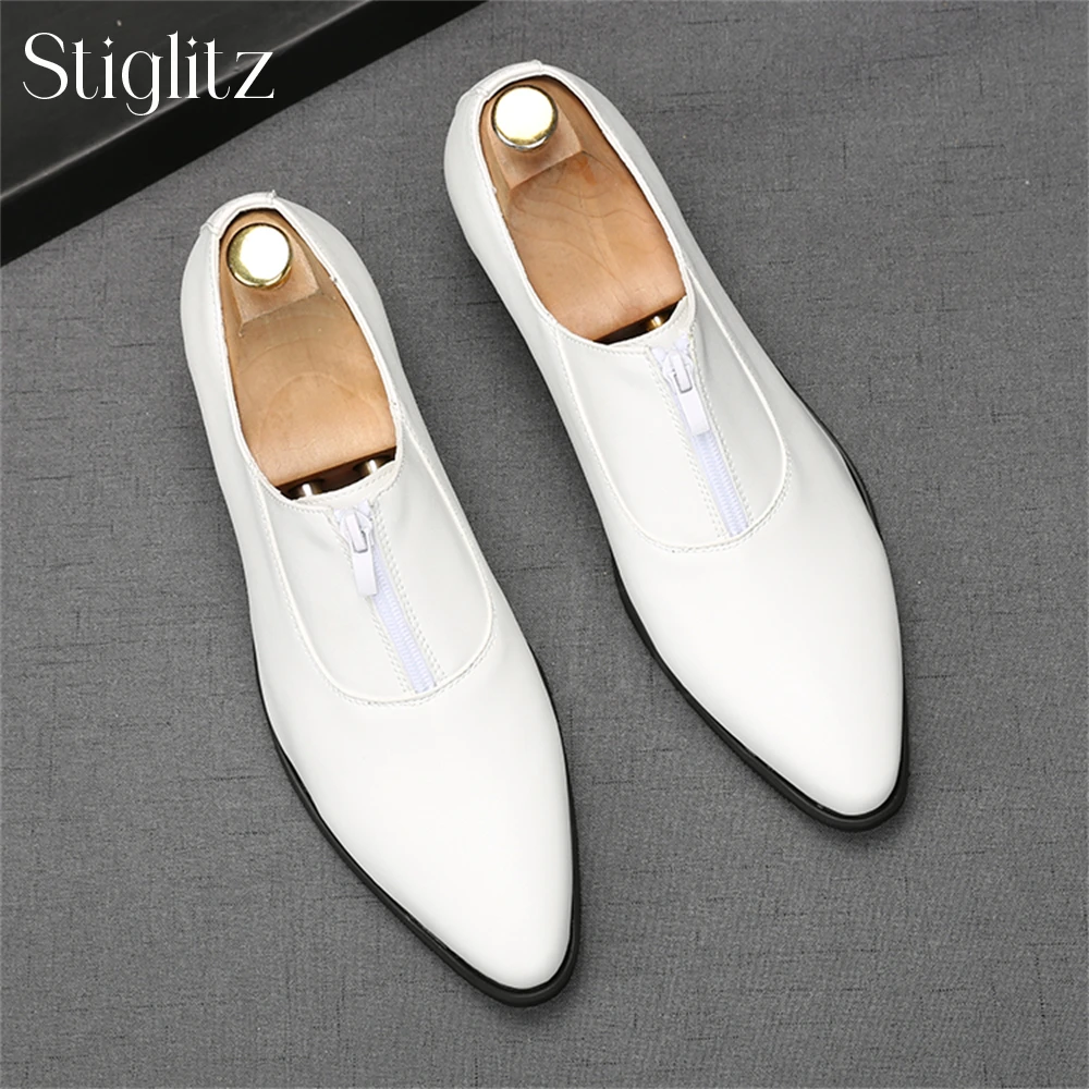 

White Pointed Toe Leather Shoes for Men Elegant Style Business Casual Shoes Zipper Concise Design Formal Shoes Comfortable Shoes