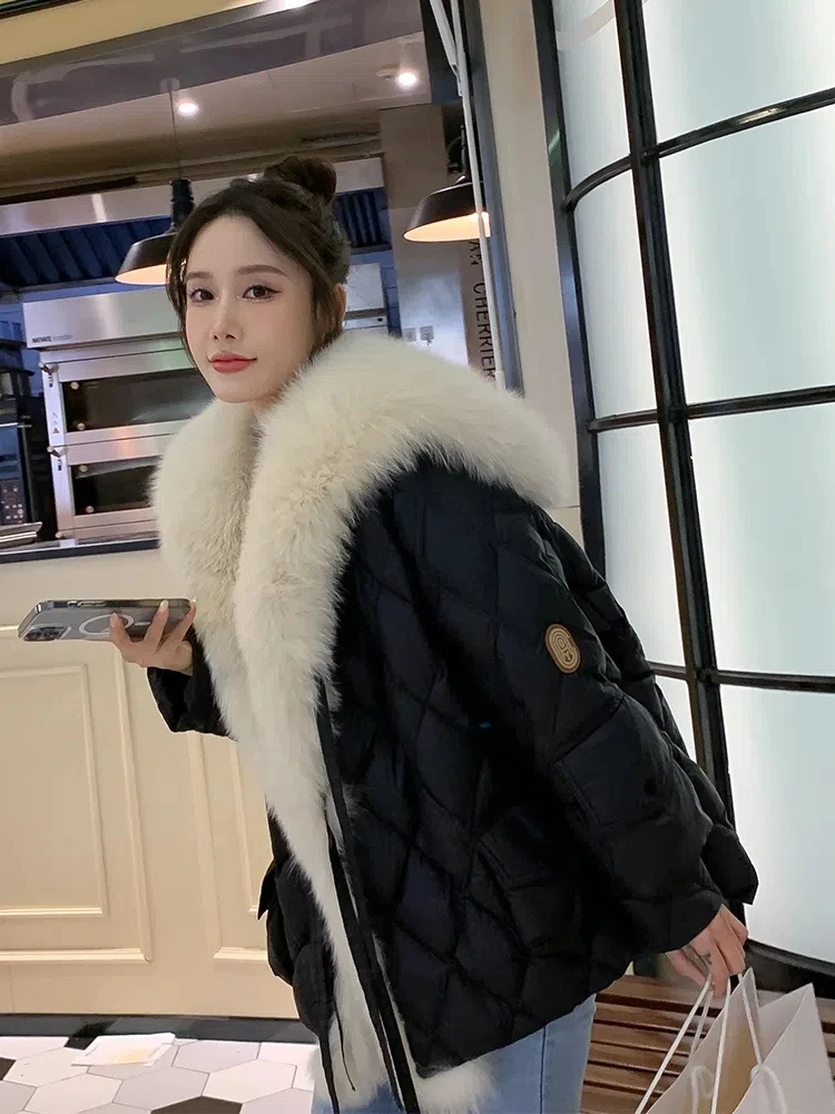 2025 New Women Winter Imitation Fox Fur Navy Collar Glossy Down Padded Jacket Women Long Cotton Coat Winter Warm Thicken Parkas