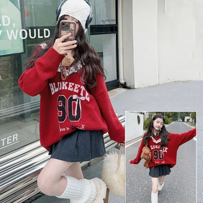 

Lace Patchwork Sweet Sweaters Girl Cute Letter Loose Knitted Pullovers New Casual Long Sleeve Lazy Wind Elegant Retro Tops 4-14Y