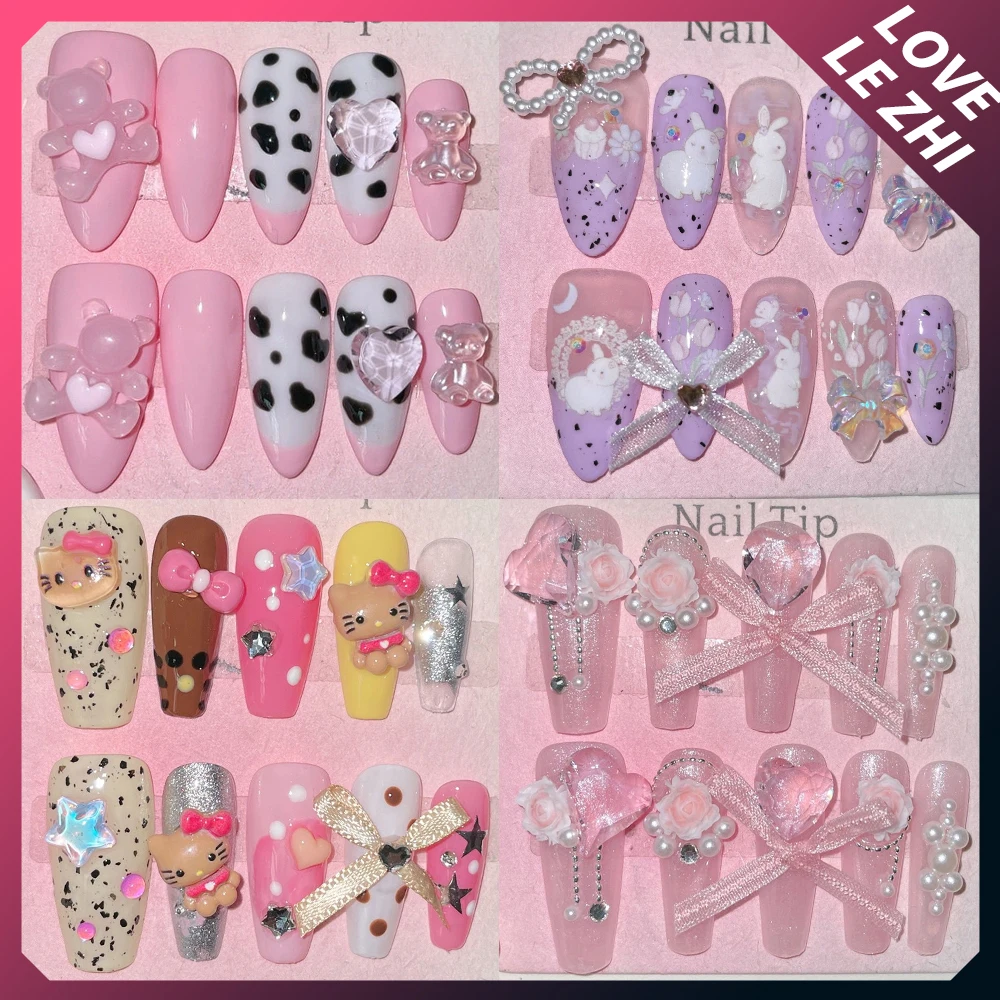 

Kawaii 3D Handmande Cartoon Nail Party Sticker Lovely Bear Flower Rhinestone Bowknot Pearl Detachable False Nail Girl Gift