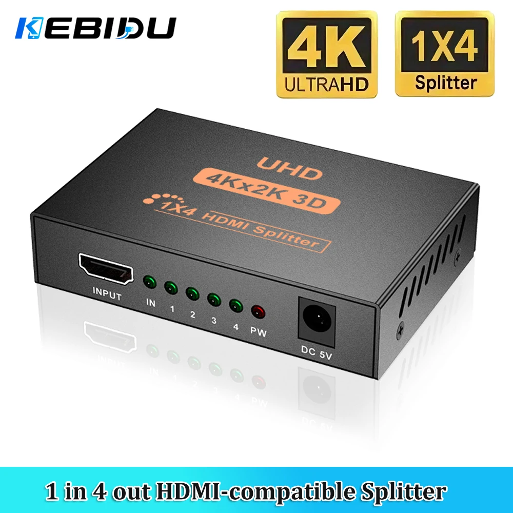 KEBIDU 1 in 4 out HDMI-compatible Splitter UHD 4K X 2K 3D HDTV Splitter 1X4 Video Splitter HD Cable Adapter For Laptop TV Box