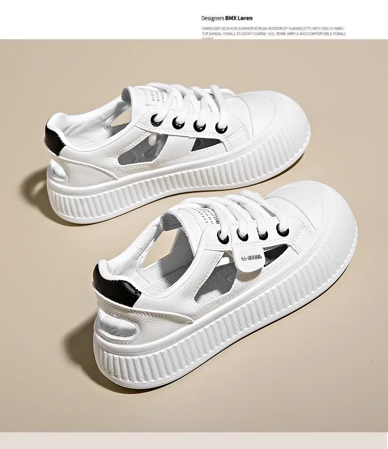 New Woman's Summer Leather Hollow Out Casual Sports Shoe Soft Sole Non Slip Breathable Casual Board Shoes Lace Up  Sandals