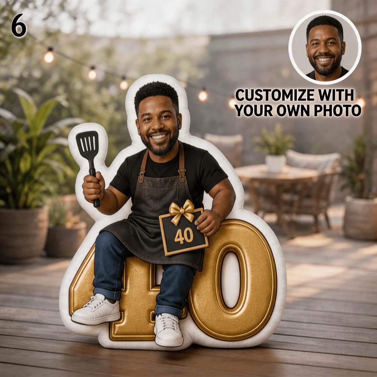 Custom Photo 40th Birthday Shaped Pillow, Personalized Face Decorative Cushion with Apron & Spatula Design, 60cm Large Size Home