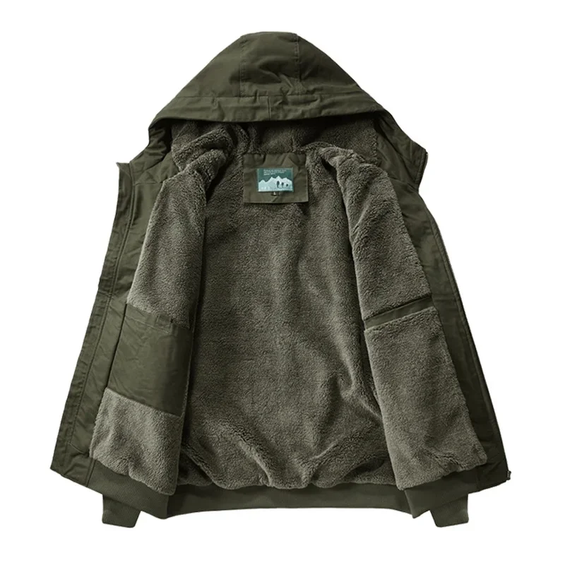 Winter Men's Fleece Warm Bomber Jackets Fashion Men Cotton Thermal Tactical Hooded Coats Men Multi-pocket Windbreaker Jacket 6XL