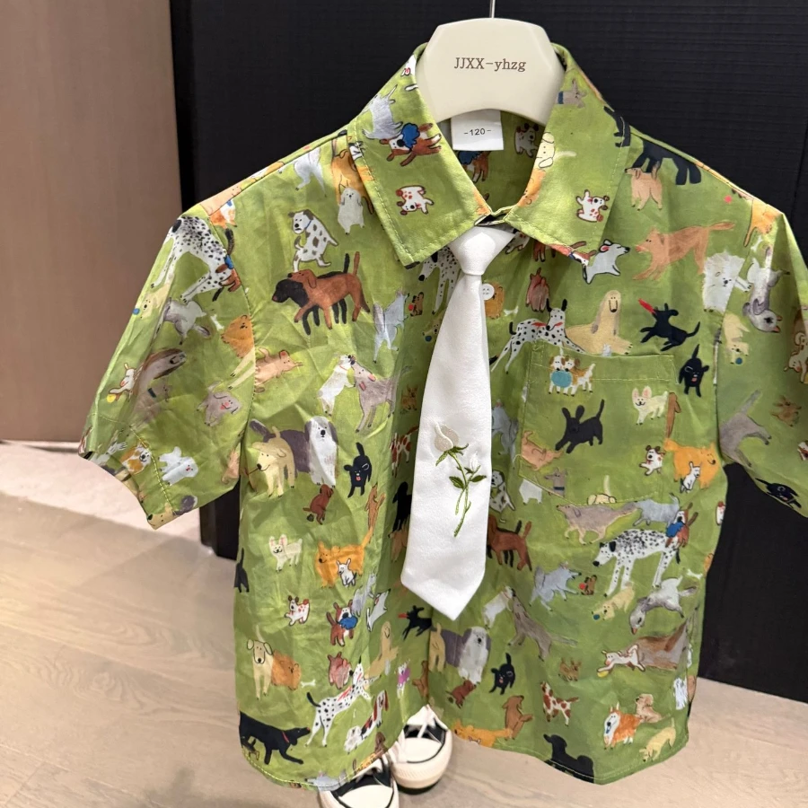 Teen Boys Cute Animal Print Shirt Shorts Set with Tie Summer Casual Gentleman Outfits for Kids Wedding Party Birthday Daily Wear