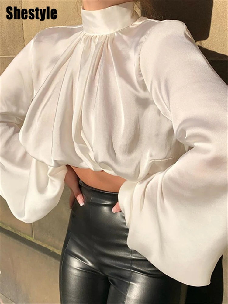 Shestyle White Satin Lantern Sleeve Blouse Office Lady Spring Solid Shine Loose Sexy Short Crop Tops Women High Waist Work Shirt