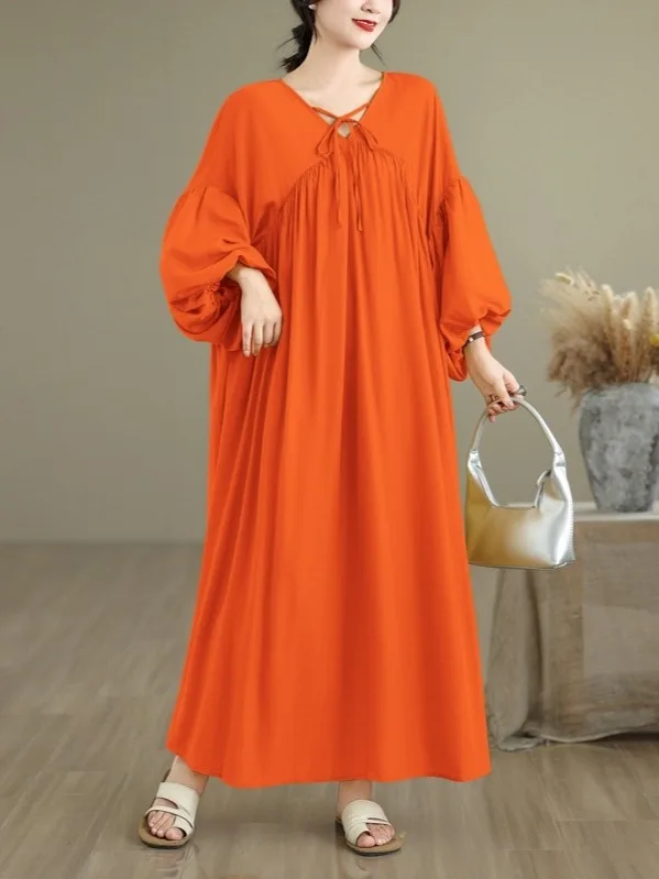 ゆったりとした韓国風スリーブVネックロングシフォンドレス、ランタンスリーブ、レディースファッション、夏の新作、秋の薄手モデル