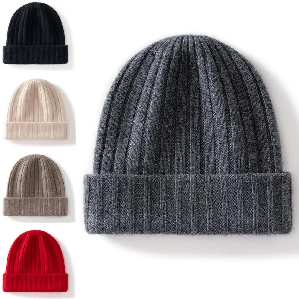 

Solid Color Striped Hat for Women Seamless Knitted Beanie Hat Outdoor Ear Protection Ski Cap Two-Layer Thicken 100% Cashmere Hat