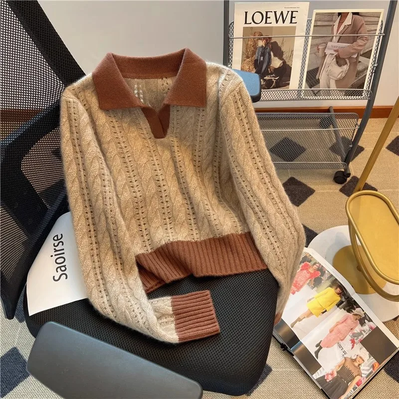 Women Polo Collar Knit Sweater Long Sleeve Hollow Out Textured Pullover Loose Fit Vintage Casual Daily Autumn Winter Knit Top