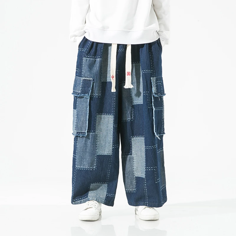 Autunm Men Patch Jean Pants Men Chinese Style Hip Hop Harem Trousers Harajuku Streetwear Loose Wide Leg Casual Denim Pants