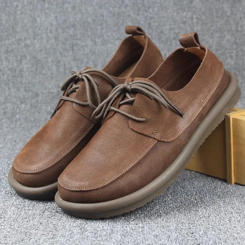 

Fashion Man Thick Soft Sole Vintage Cow Leather Loafer Shoes Hombre Moccasin Round Toe Gentleman Lace - Up Leather Casual Shoes