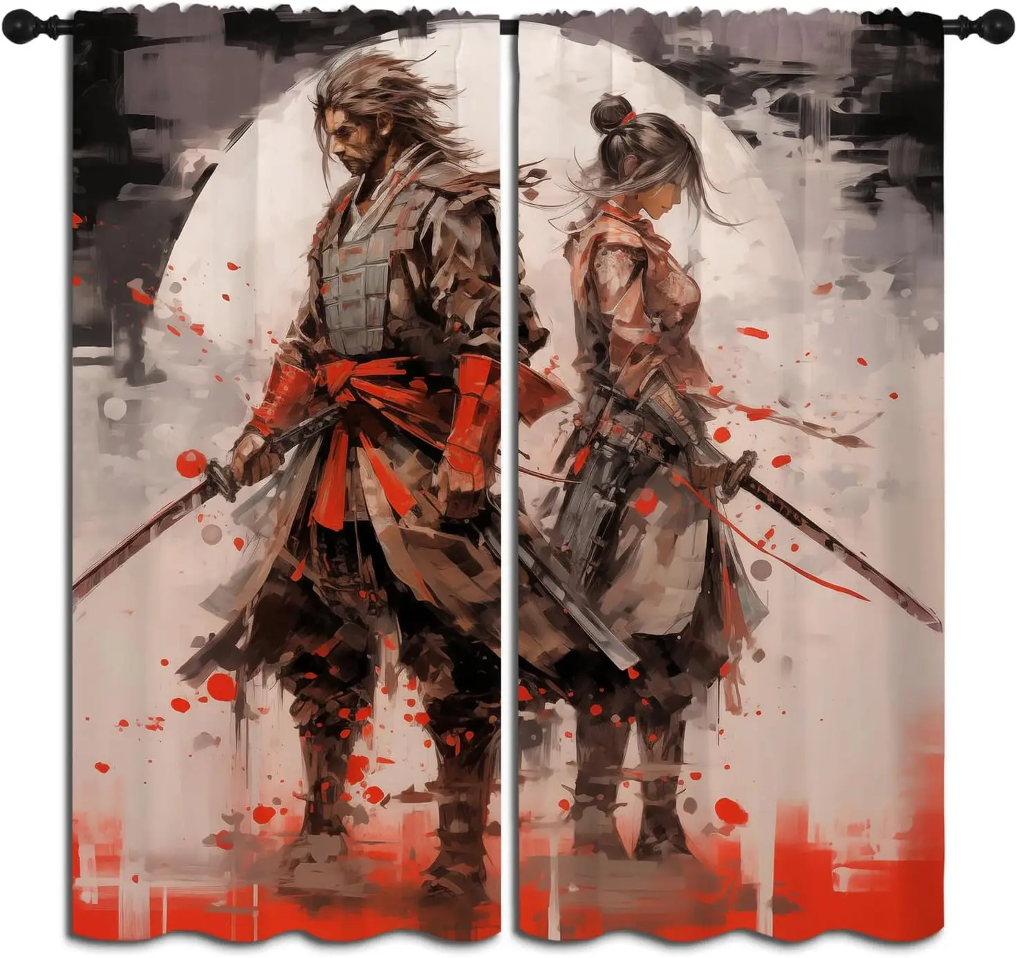 Japanese Anime Boy Girls Blackout Curtains,Watercolor Ink Red Sun Samurai Asian Tradition Art, 2 Panel Rod Pocket Thermal