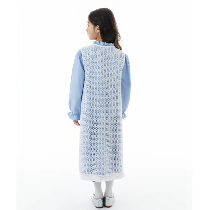 Girls Vintage Elegant Midi Dress Light Blue Long Sleeve Lace Patchwork Ruffled Neck Flared Cuff Kids Party Casual Daily Dress