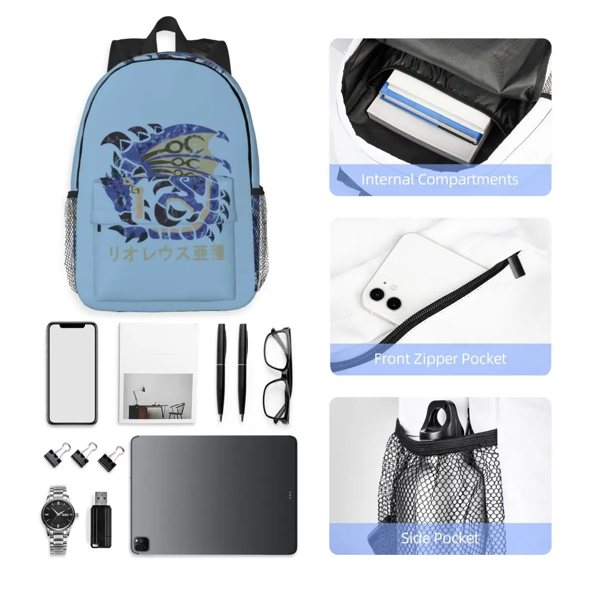 Monster Hunter World Azure Rathalos Kanji Icon Backpack Student Boys Girls BookBag Men Women School Bag Laptop Shoulder Bags