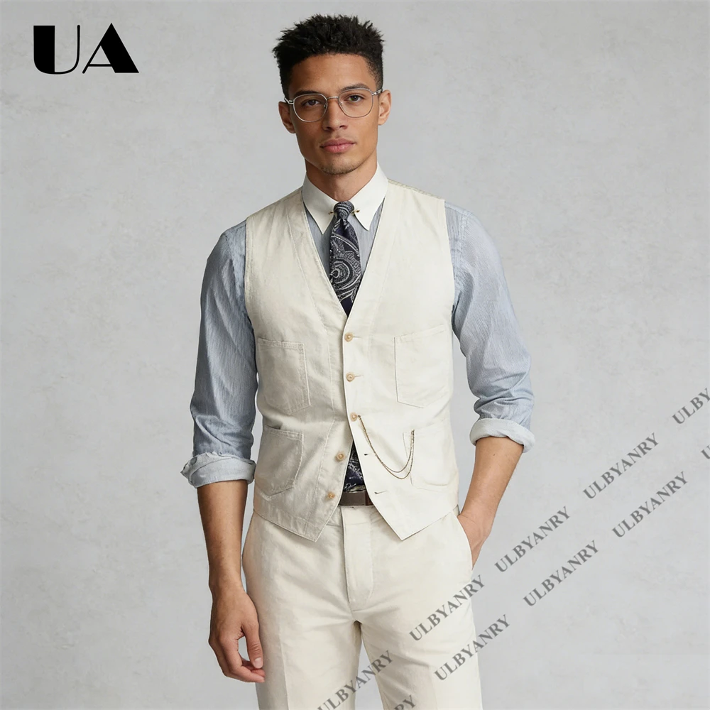 ULBYANRY Men's Waistcoat & Pants Casual Linen Vest & Trousers, Summer Breathable Lightweight 2 Piece Set Customized Size Colors