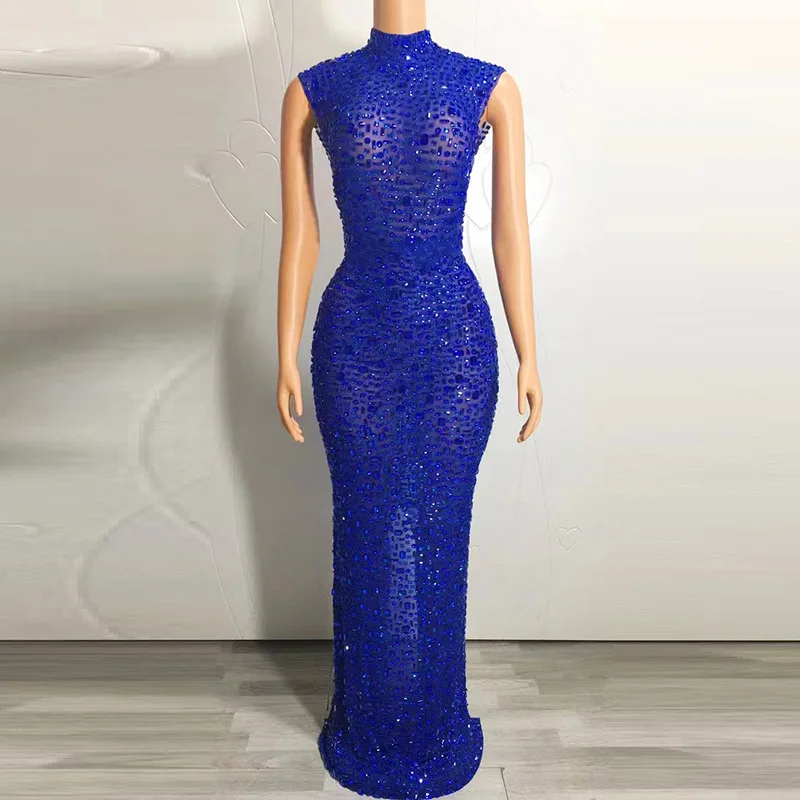 Women Sexy Perspective Diamond Bride Mother Long Party Evening Dress Shinny Rhinestone High Neck Crystals Stage Mesh Dress