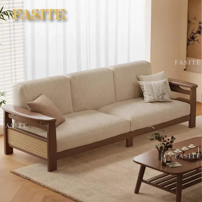 For Song Dynasty Aesthetic Solid Wood Sofa Chinese Rattan Wooden Fabric 3 Seater Straight Row Living Room Reception Rest Area