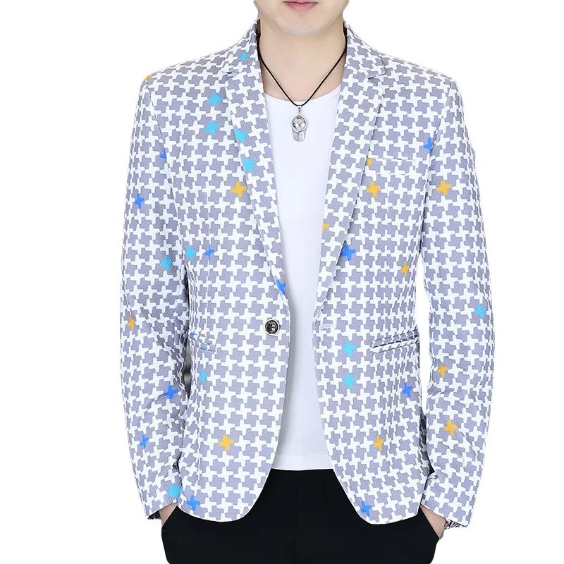 HOO 2024 Men's Spring New Cross Printed blazer  Youth Slim Fit Casual Cool  t blazers