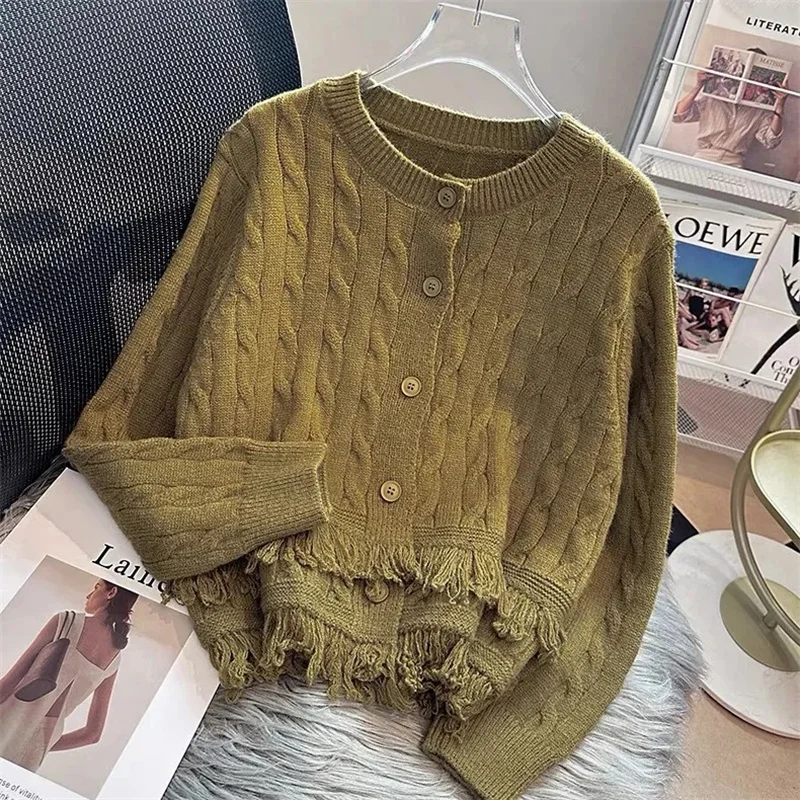 

2025 Fashion Tassels Knitted Cardigan Coat Women's Short Sweaters Long Sleeve Casual Top Lady White Black Sweaters Autumn Winter