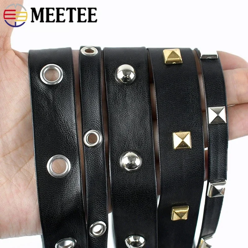 5/10M 10-20mm Black Faux Leather Weebing Band Trim with Metal Rivets Eyelets Studs for Handbag Clothes DIY Sewing Accessories