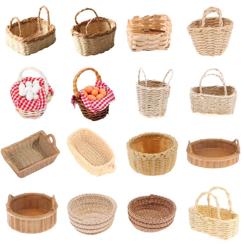 New 1/12 Scale Dollhouse Furniture Storage Basket Vegetable Food Hand-woven Iron Frame Dollhouse Miniature Decoration Kids Gift