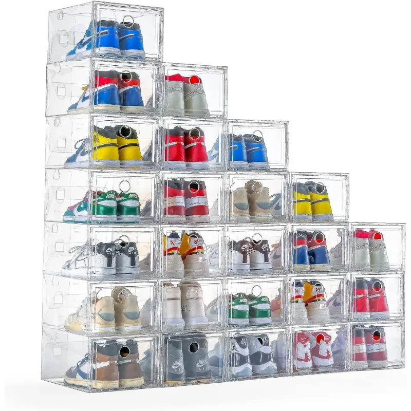 

12 Pack Shoe Storage Box Clear Plastic Stackable Drop Front Shoe Organizer Space Saving Foldable Shoe Container Bin