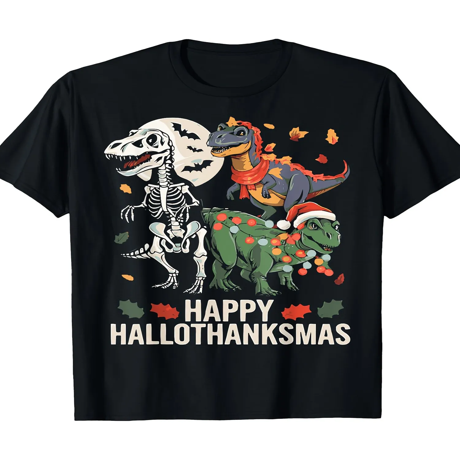 Men's Happy Hallothanksmas T-Shirt - Festive Dinosaur Skeleton Graphic, 100 Cotton, Short Sleeve, Casual Fit, Black Holiday Tee for Halloween, Thanksgiving Christmas, Holiday Festive Shirt, Loo Retro Graphic Shirt, Holiday Tshirt