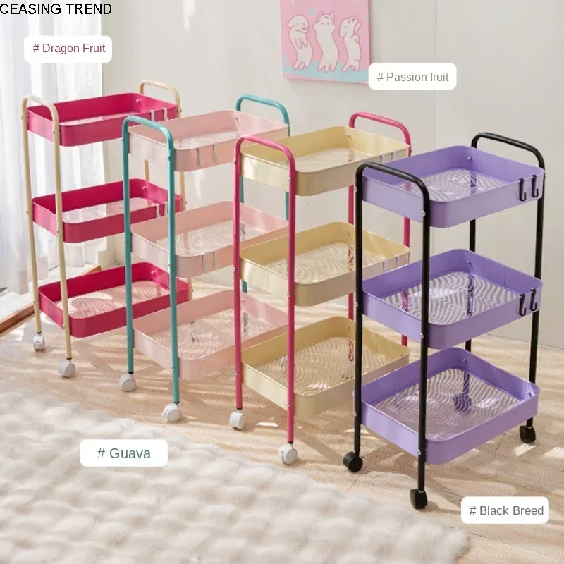 3 Layer Contrast Color Trolley Storage Shelf Multi-layer Movable Trolley Cosmetics and Snack Storage Rack Bathroom Mobile Shelf