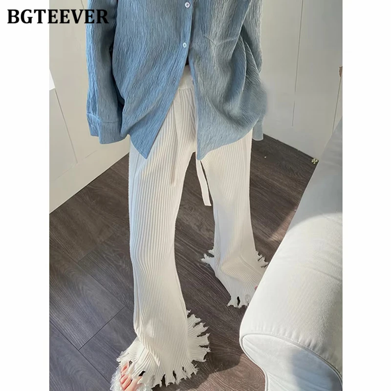 BGTEEVER Casual Loose Drawstring Long Sweater Pants Women  Autumn Winter Elastic High Waist Knitted Flare Trousers Female